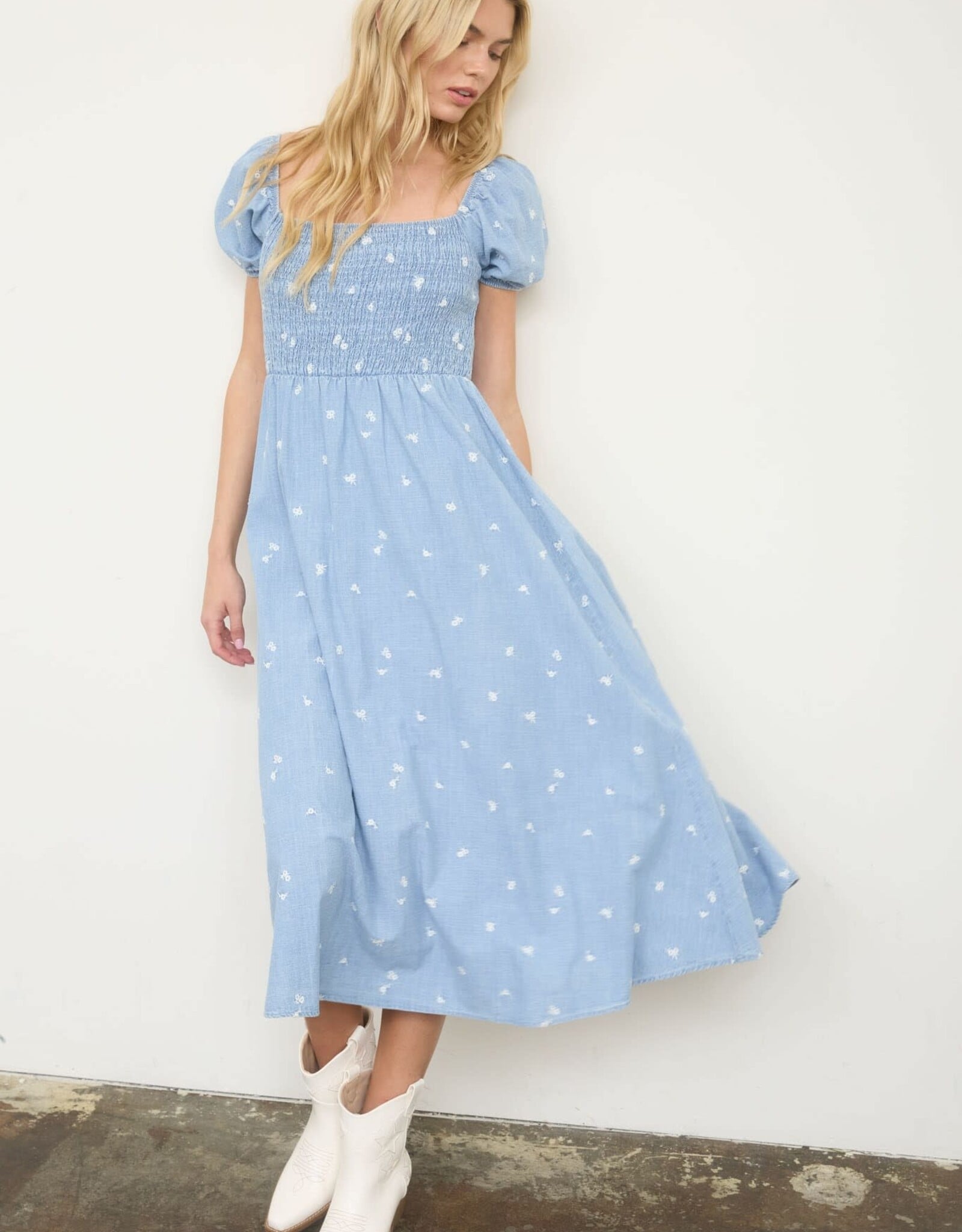 Miss Bliss M&E Floral Embroidery Smocked Denim Midi Dress-Chambray