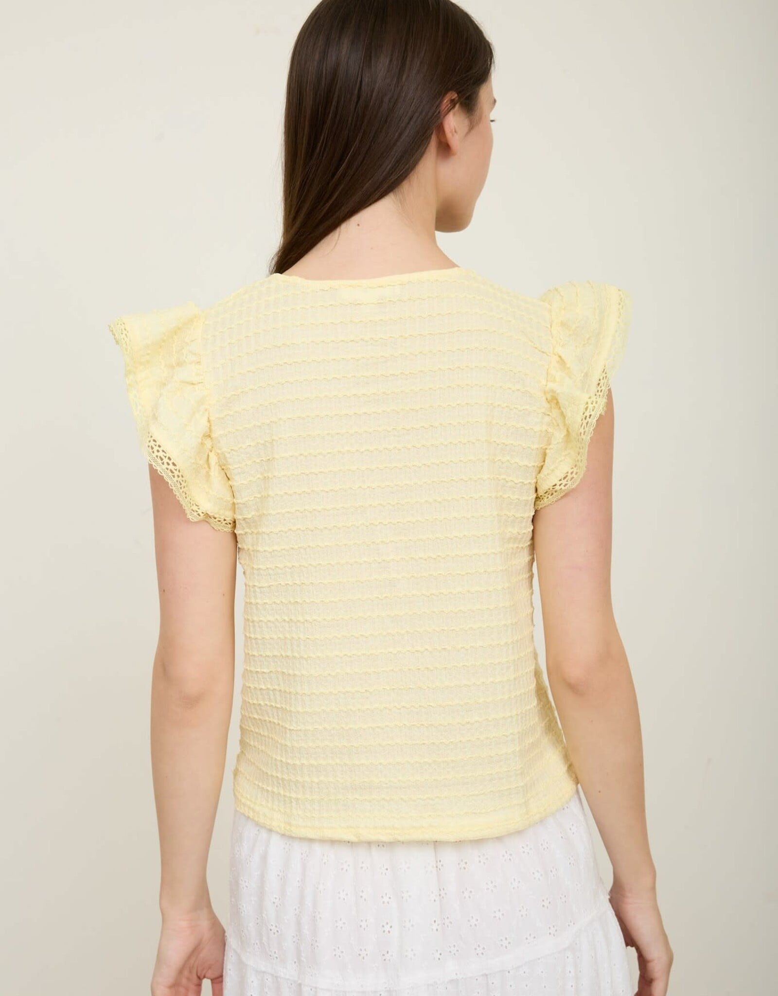 Miss Bliss M&Em Textured Ruffle Sleeve Lace Detail Top- Butter Yellow