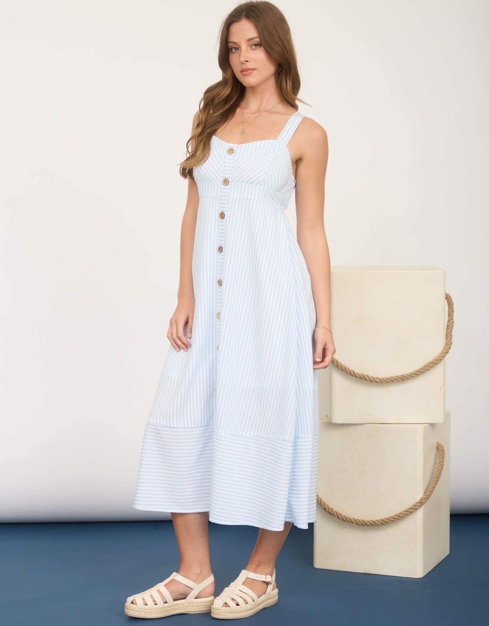 Miss Bliss M&E Stripe Sweetheart Button Down Sleeveless Midi Dress-Lt Blue