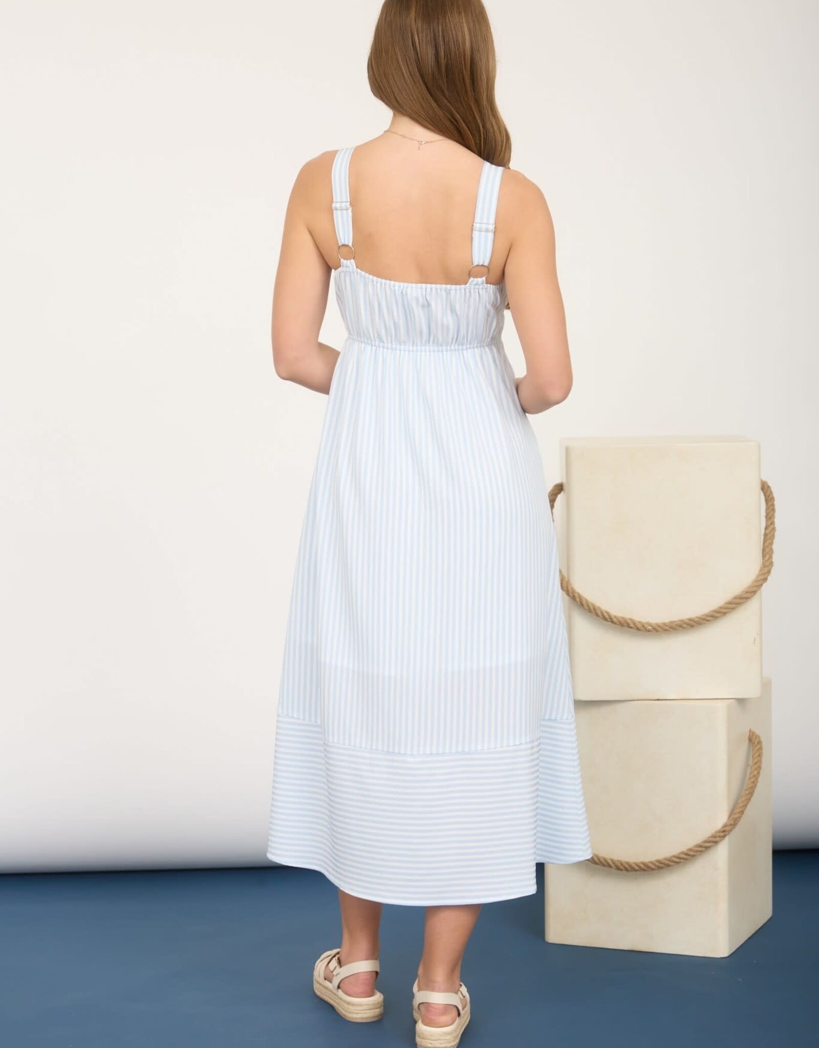 Miss Bliss M&E Stripe Sweetheart Button Down Sleeveless Midi Dress-Lt Blue