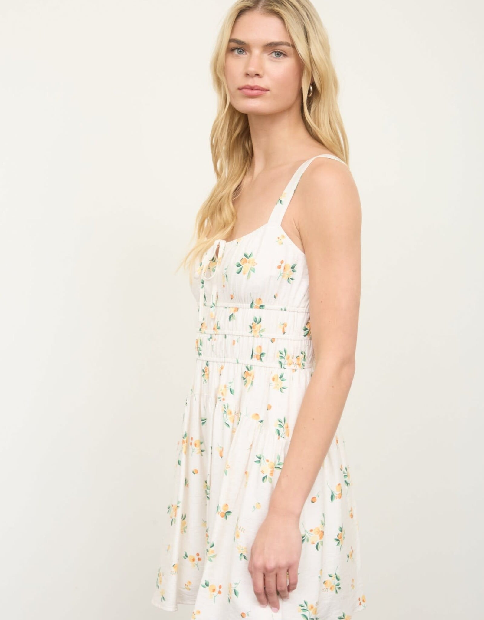 Miss Bliss M&E Floral Keyhole Detail Shirred Strappy Mini Dress-Dusty Yellow/