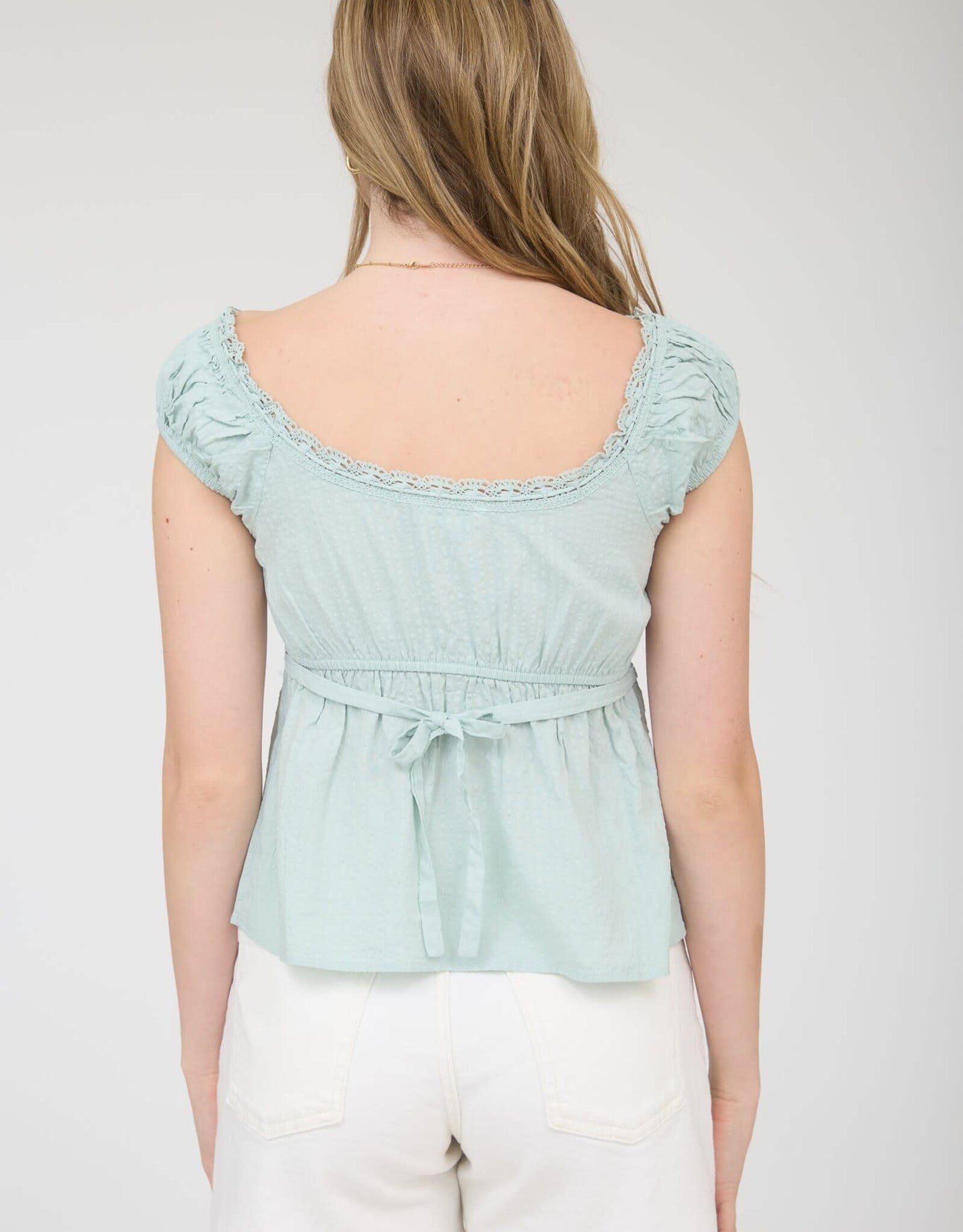 Miss Bliss M&E Stripe Lace Trim Front Tie SS Top-Mint