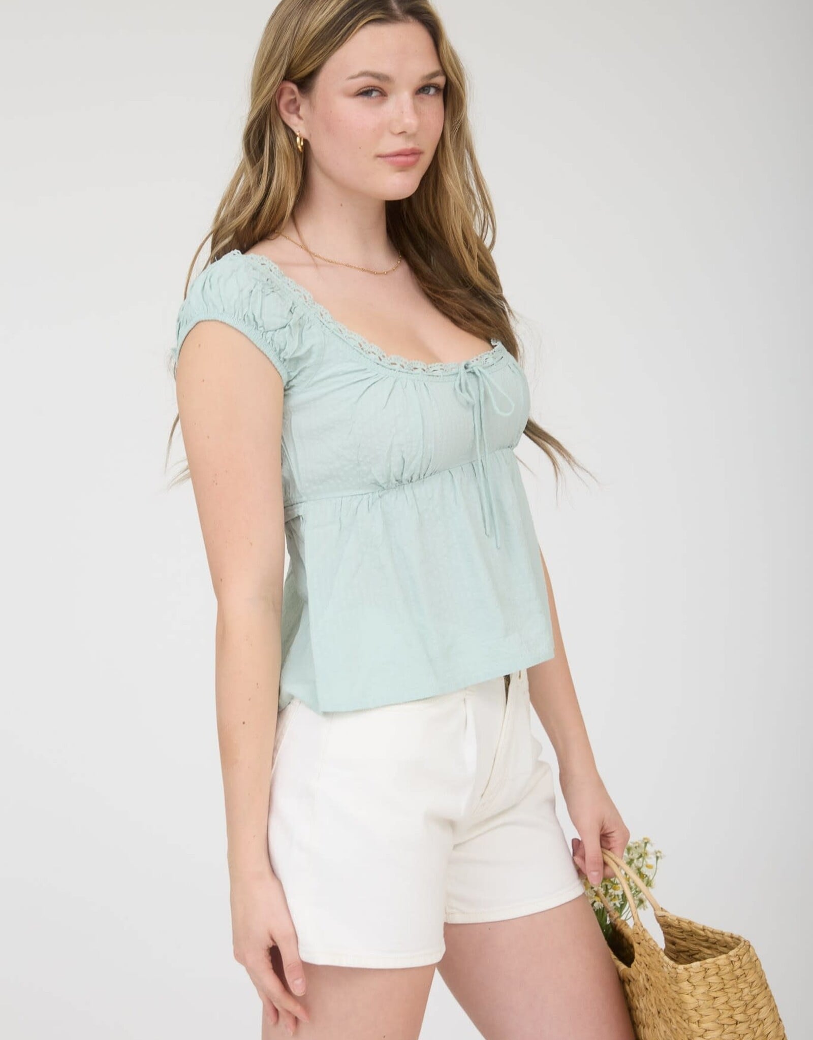 Miss Bliss M&E Stripe Lace Trim Front Tie SS Top-Mint