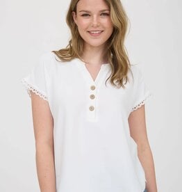 Miss Bliss M&E Scallop Lace Trim Short Slv Henley Top-White