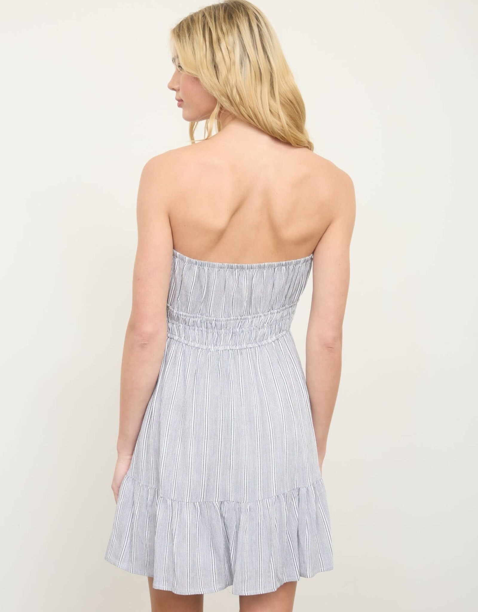 Miss Bliss M&E Stripe Strapless Front Tie Detail Mini Dress-Navy