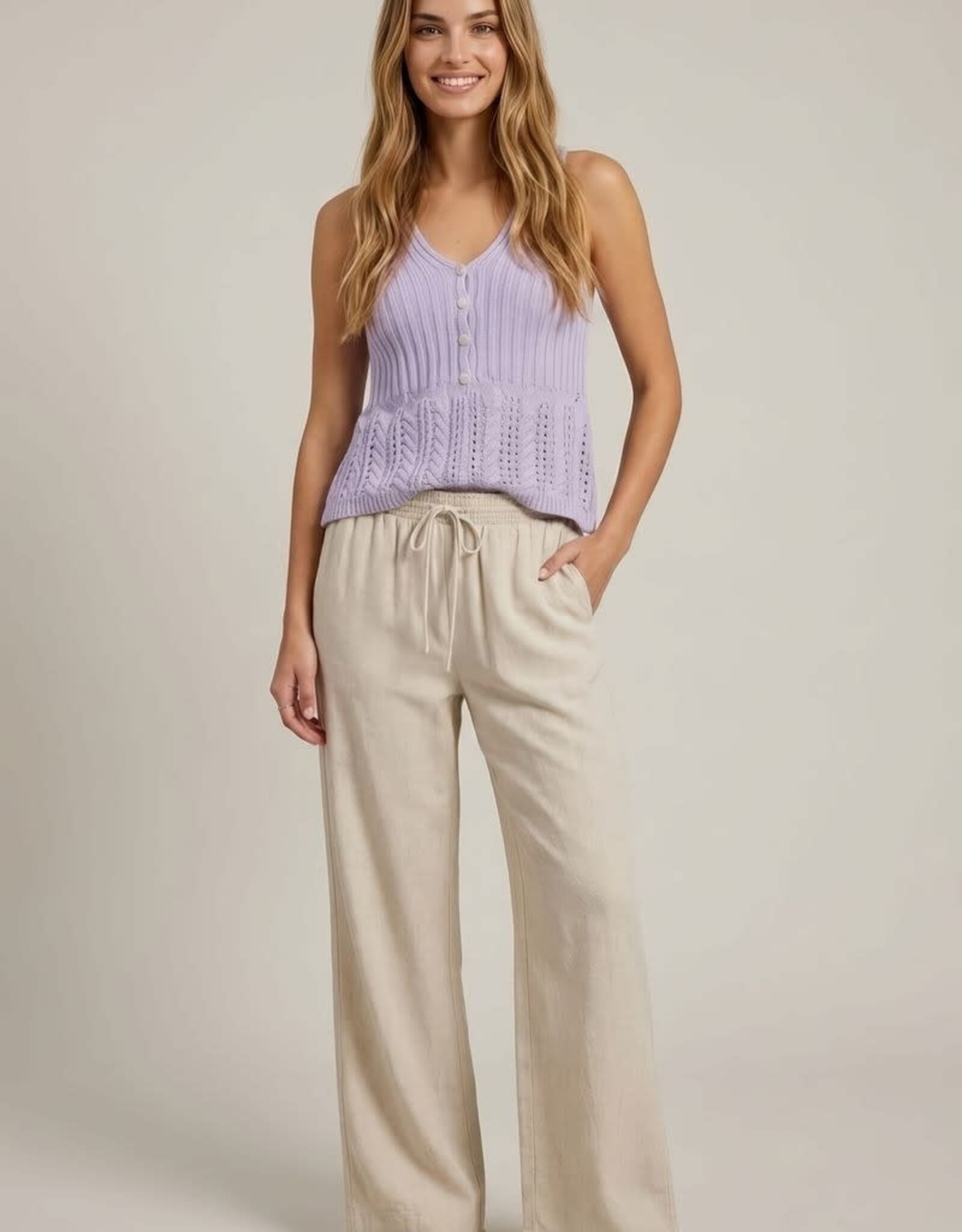 Miss Bliss Doe&Rae Stitch Mix Sweater V-neck Button Detail Tank Top-Lilac
