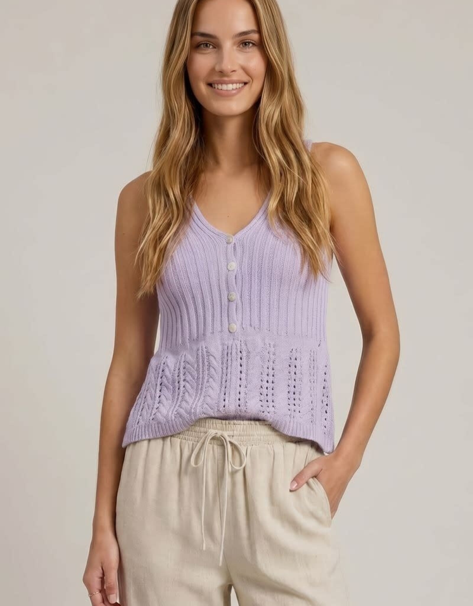 Miss Bliss Doe&Rae Stitch Mix Sweater V-neck Button Detail Tank Top-Lilac