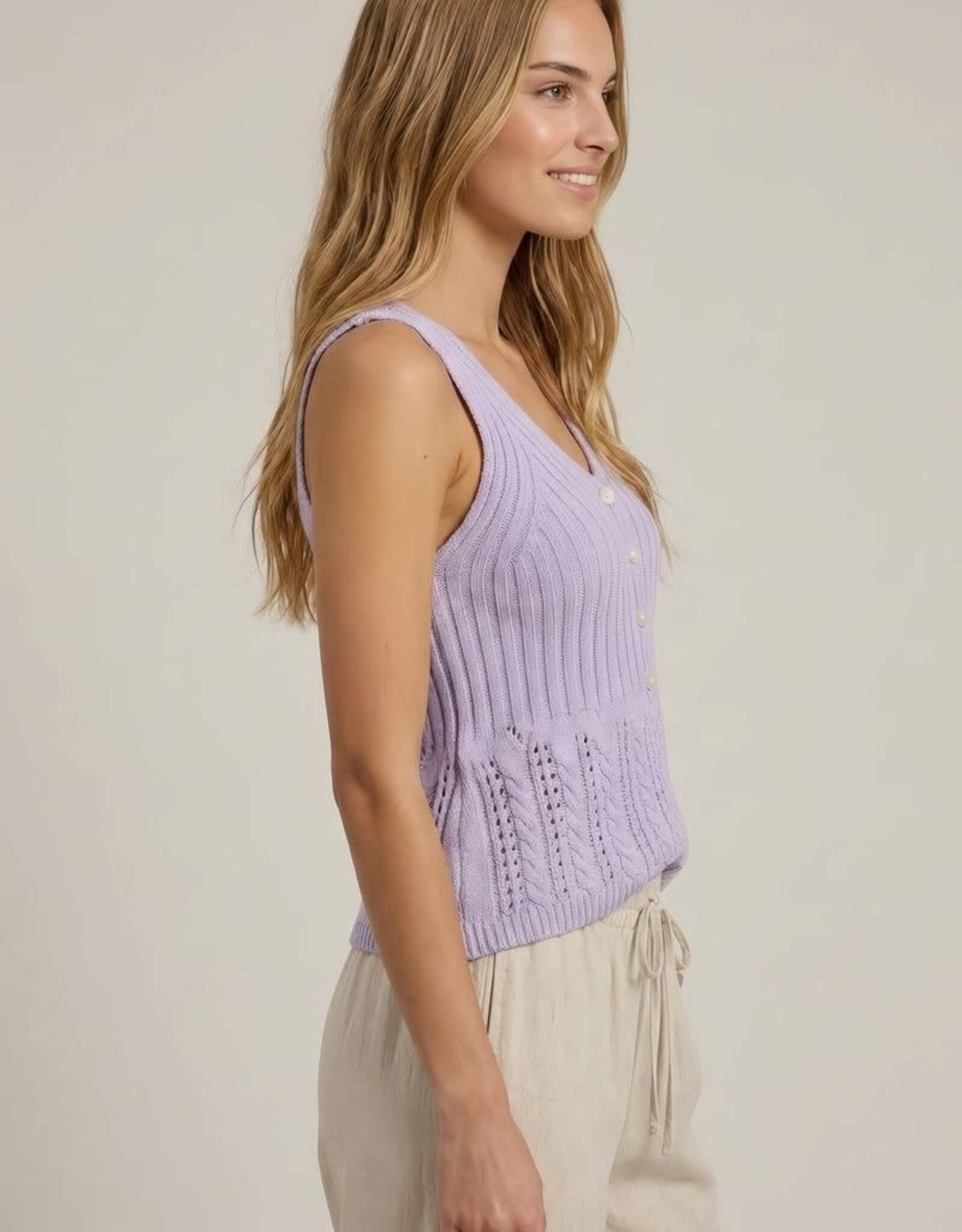 Miss Bliss Doe&Rae Stitch Mix Sweater V-neck Button Detail Tank Top-Lilac