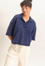 Miss Bliss HYFVE Mineral Wash Oversized Collar SS Top-Navy