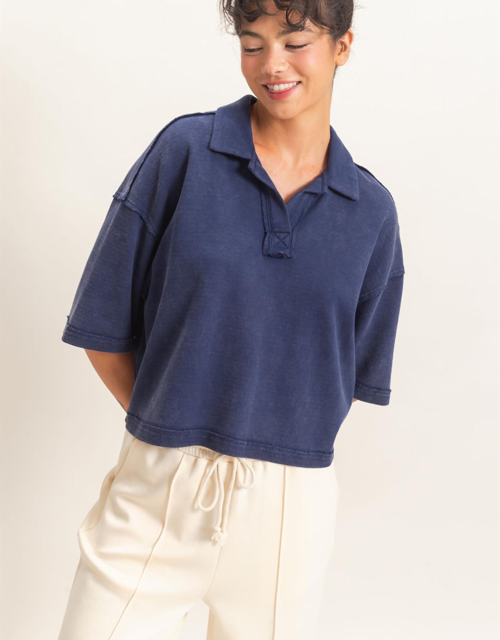 Miss Bliss HYFVE Mineral Wash Oversized Collar SS Top-Navy