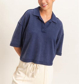 Miss Bliss HYFVE Mineral Wash Oversized Collar SS Top-Navy