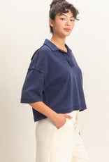 Miss Bliss HYFVE Mineral Wash Oversized Collar SS Top-Navy