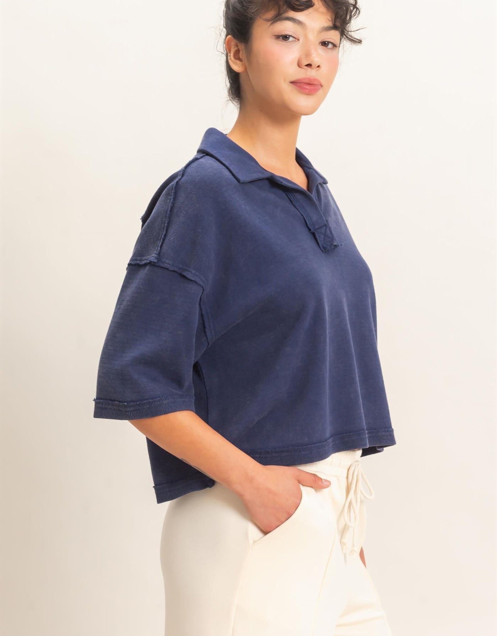 Miss Bliss HYFVE Mineral Wash Oversized Collar SS Top-Navy