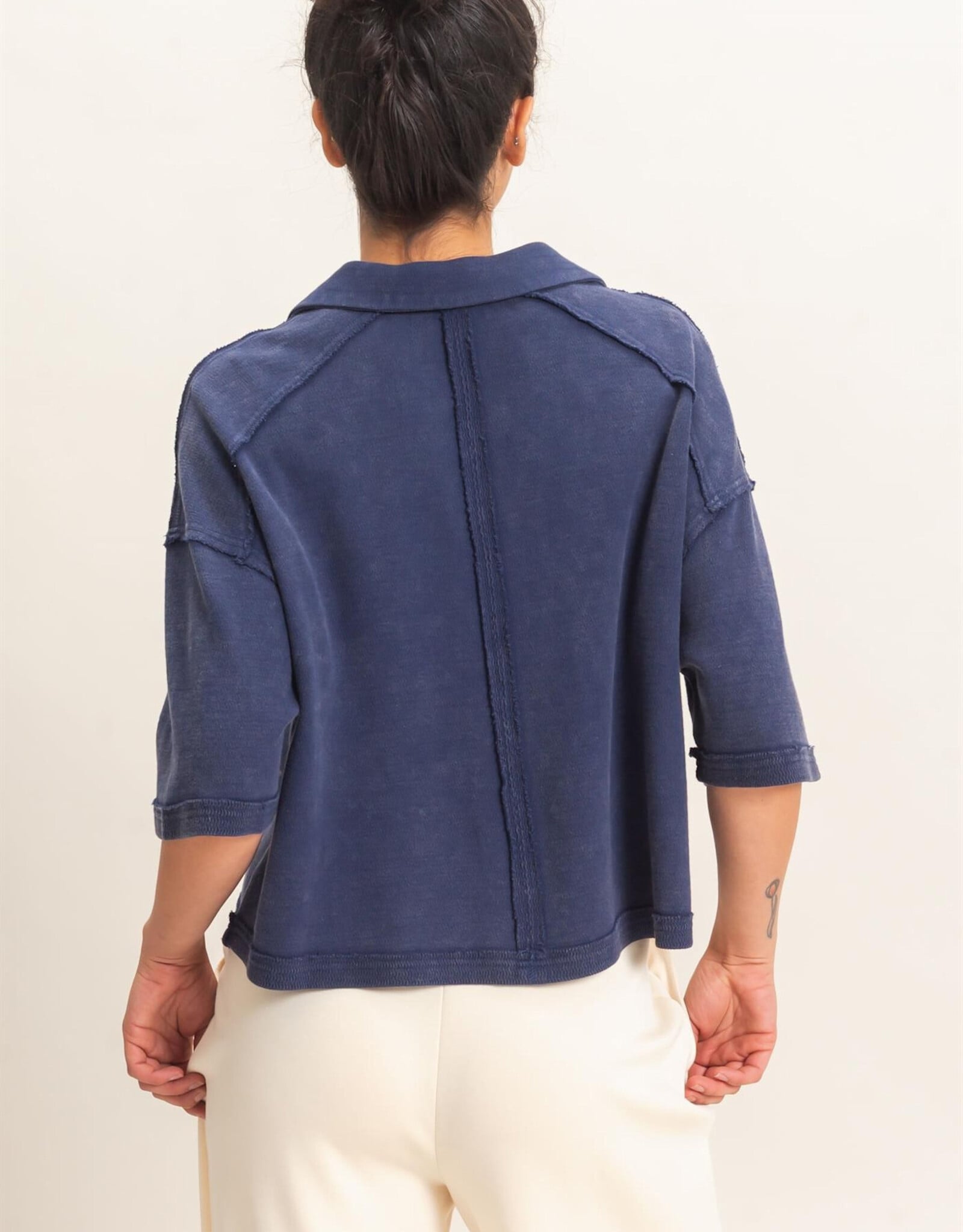 Miss Bliss HYFVE Mineral Wash Oversized Collar SS Top-Navy