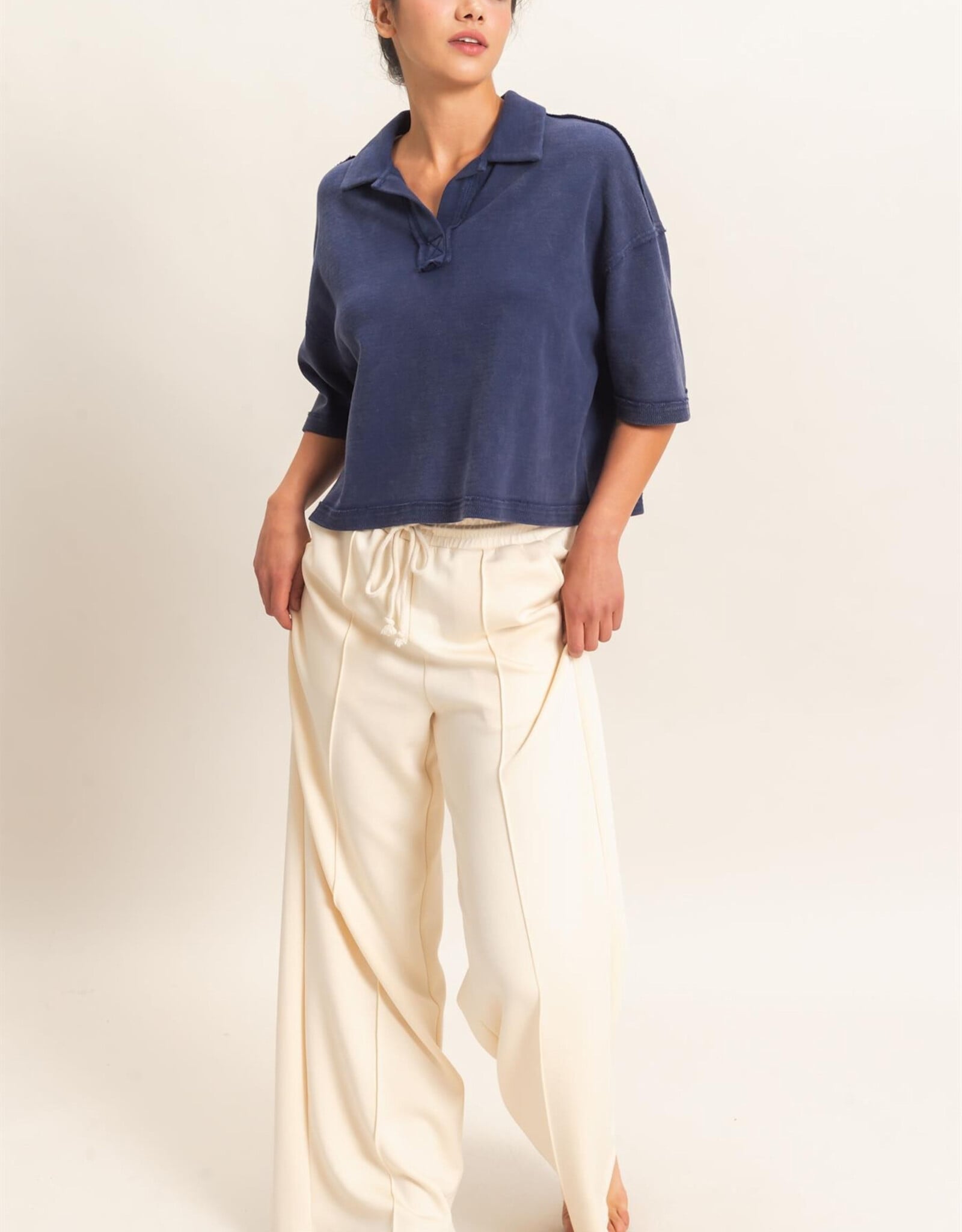 Miss Bliss HYFVE Mineral Wash Oversized Collar SS Top-Navy