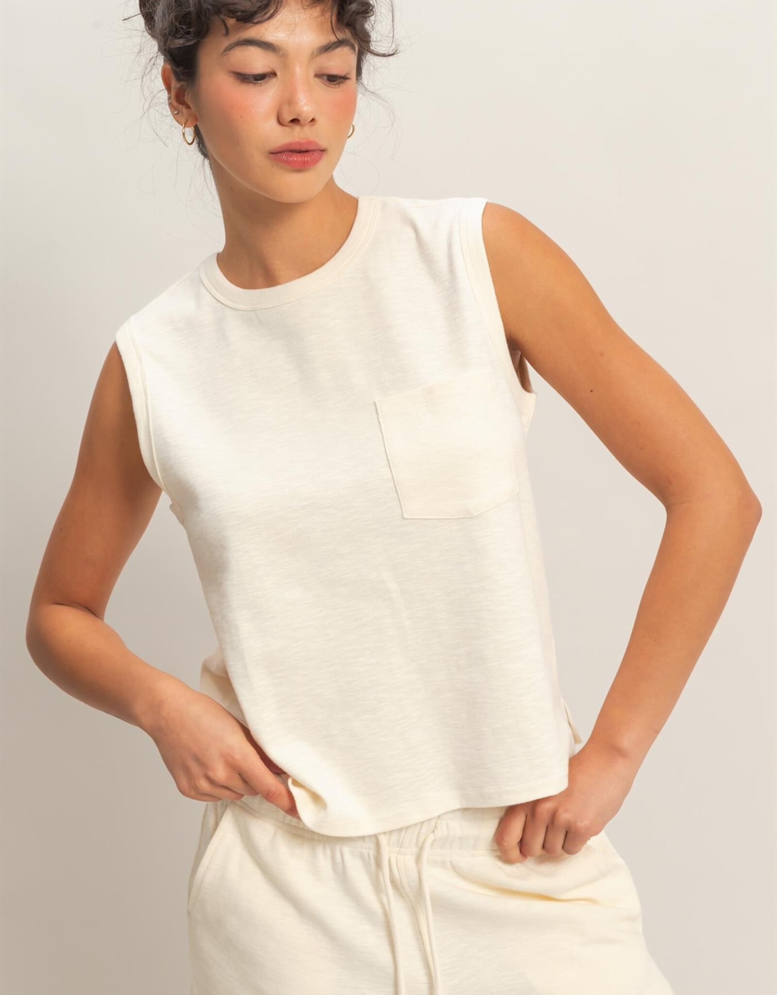 Miss Bliss HYFVE Sleeveless Cotton Top With Pocket-Cream