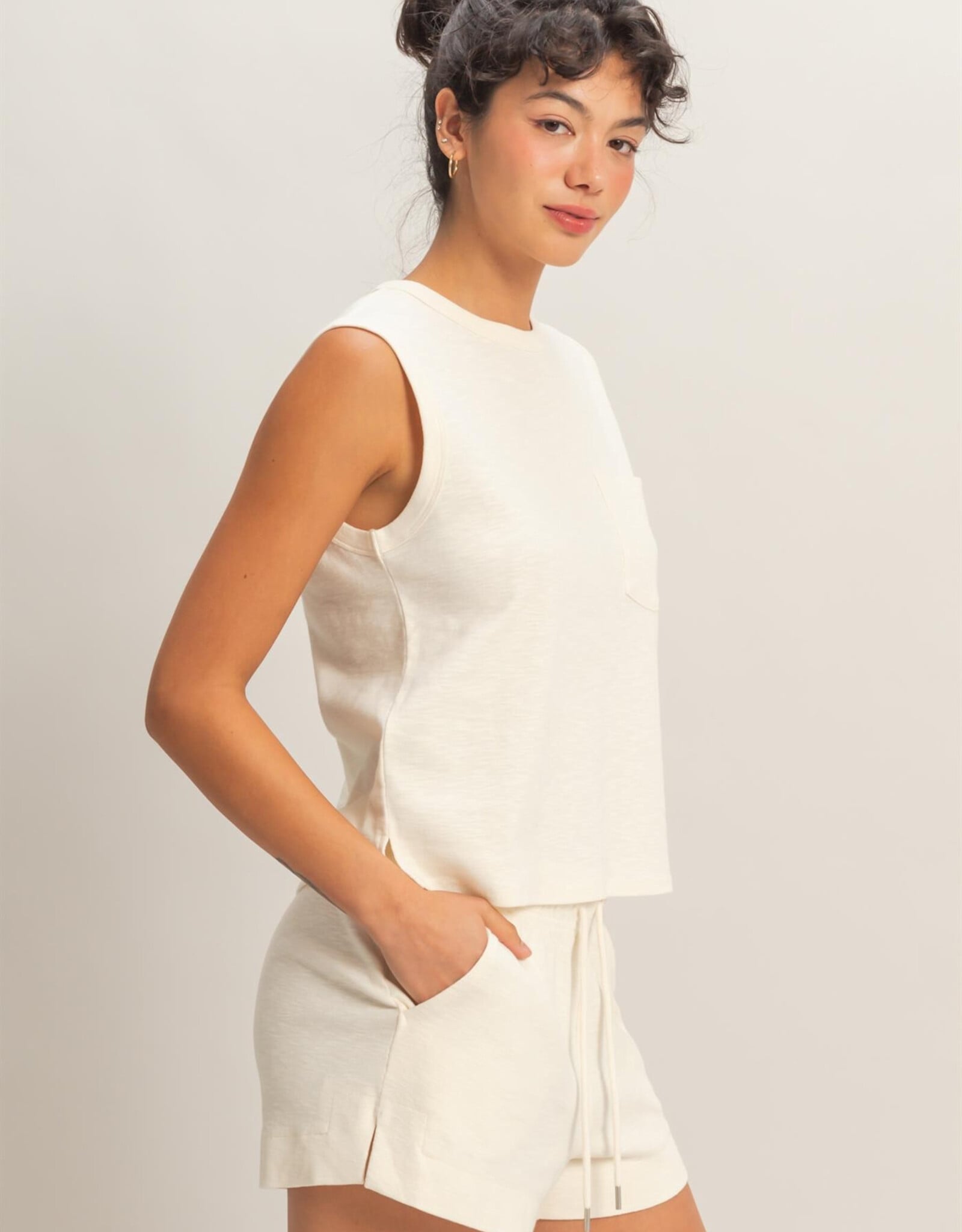 Miss Bliss HYFVE Sleeveless Cotton Top With Pocket-Cream
