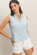 Miss Bliss HYFVE Sleeveless Lyocell Linen Button Front Top-Ice Blue