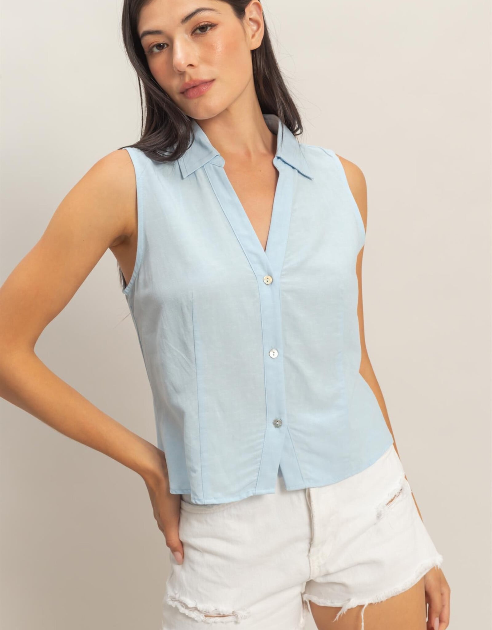 Miss Bliss HYFVE Sleeveless Lyocell Linen Button Front Top-Ice Blue