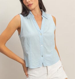 Miss Bliss HYFVE Sleeveless Lyocell Linen Button Front Top-Ice Blue