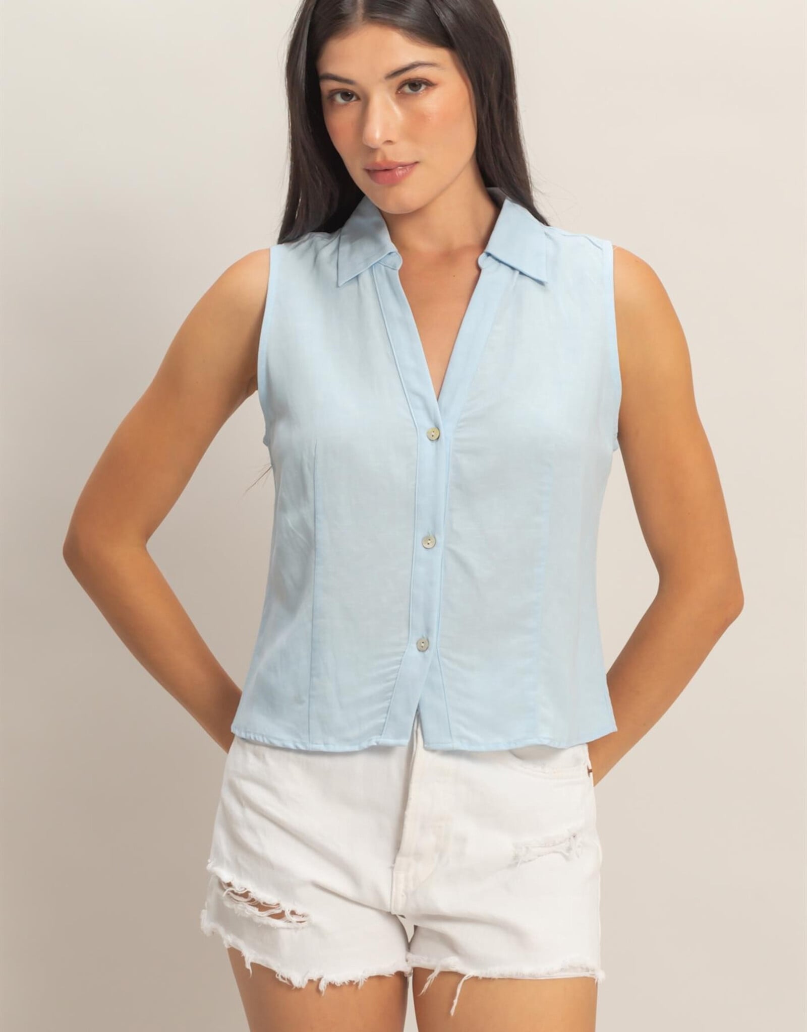 Miss Bliss HYFVE Sleeveless Lyocell Linen Button Front Top-Ice Blue