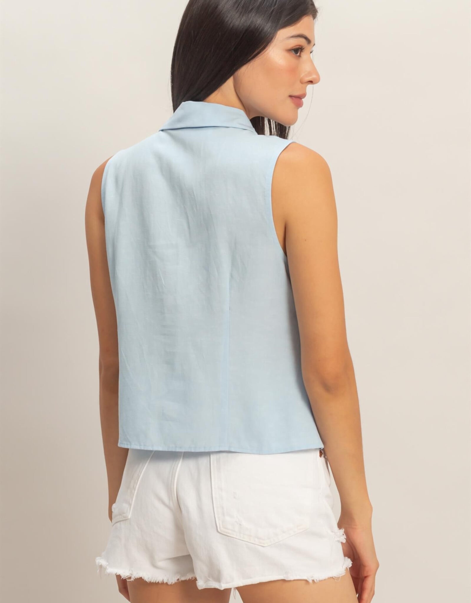 Miss Bliss HYFVE Sleeveless Lyocell Linen Button Front Top-Ice Blue