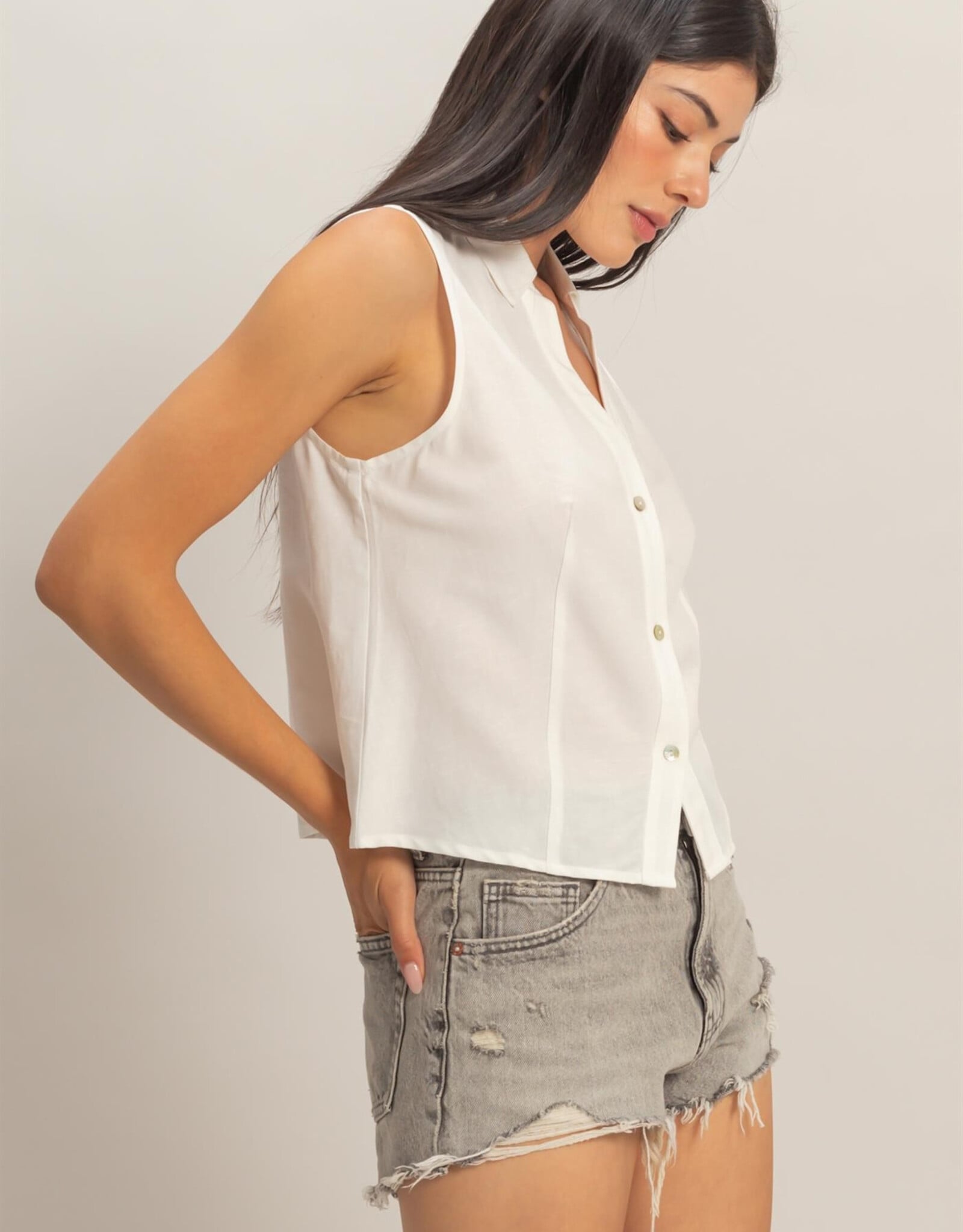 Miss Bliss HYFVE Sleeveless Lyocell Linen Button Front Top-White