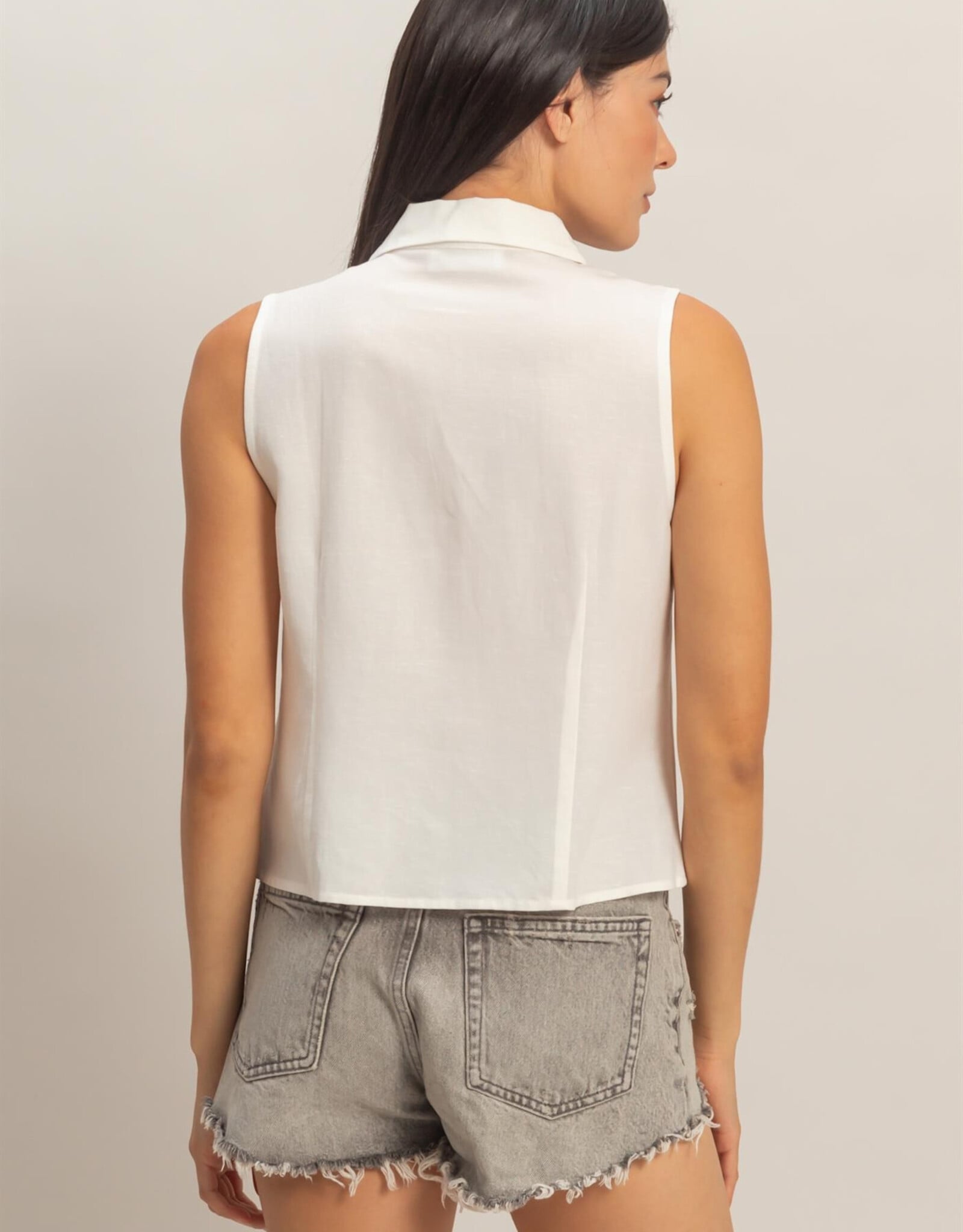 Miss Bliss HYFVE Sleeveless Lyocell Linen Button Front Top-White