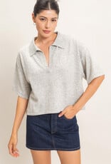 Miss Bliss HYFVE Collared V-neck Knit Top-Heather Grey
