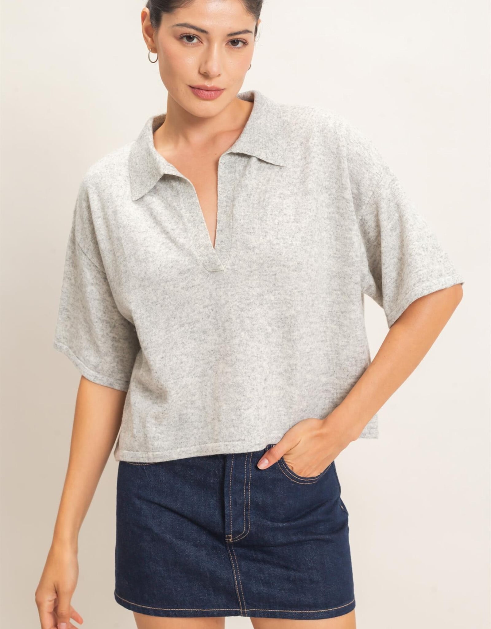 Miss Bliss HYFVE Collared V-neck Knit Top-Heather Grey