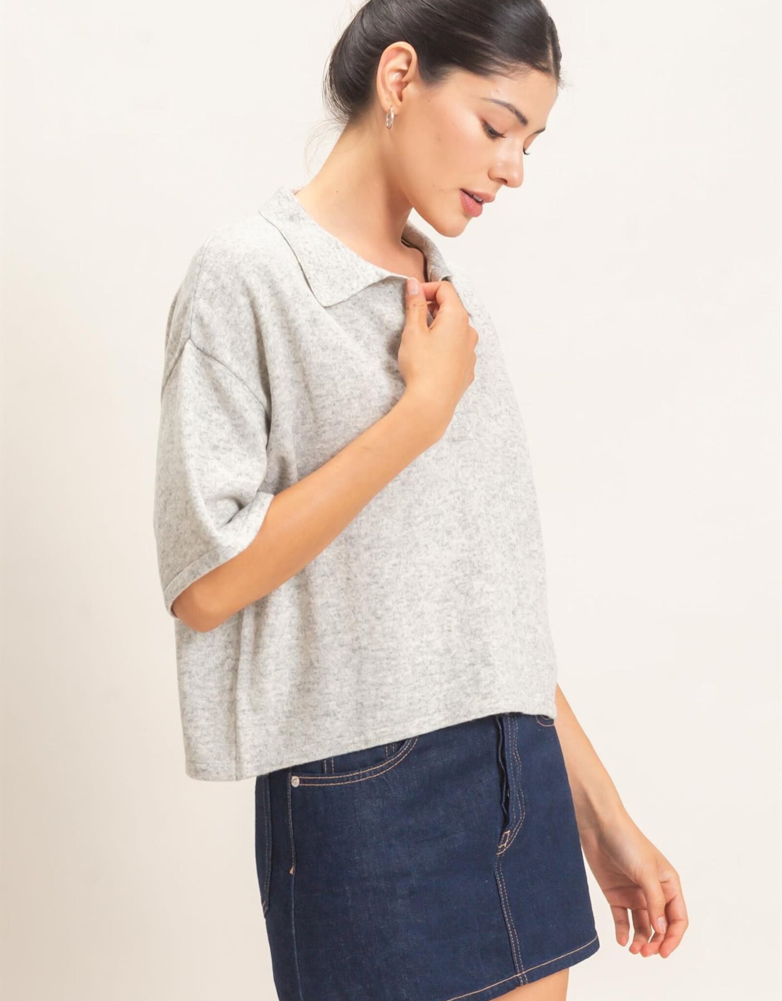 Miss Bliss HYFVE Collared V-neck Knit Top-Heather Grey