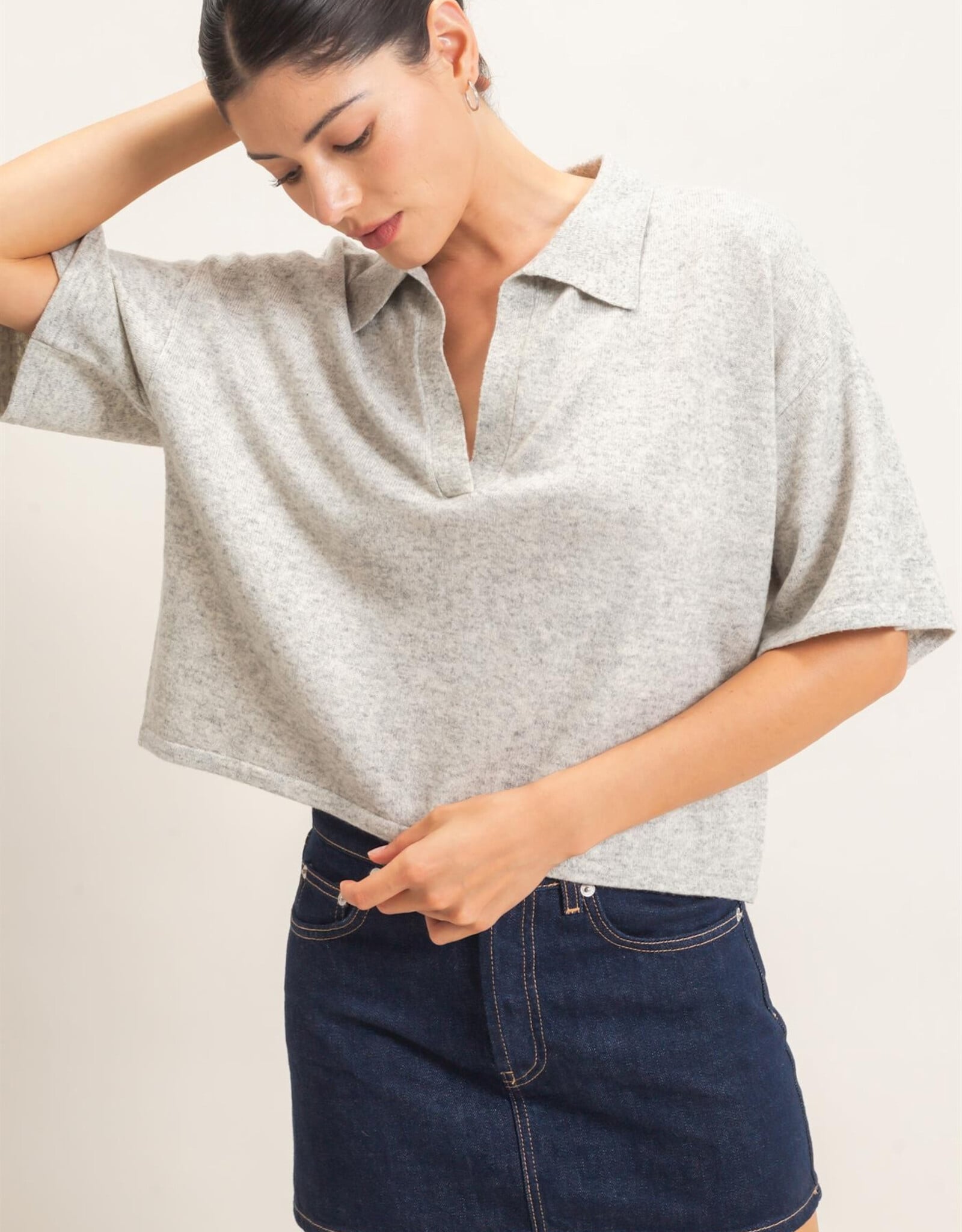 Miss Bliss HYFVE Collared V-neck Knit Top-Heather Grey