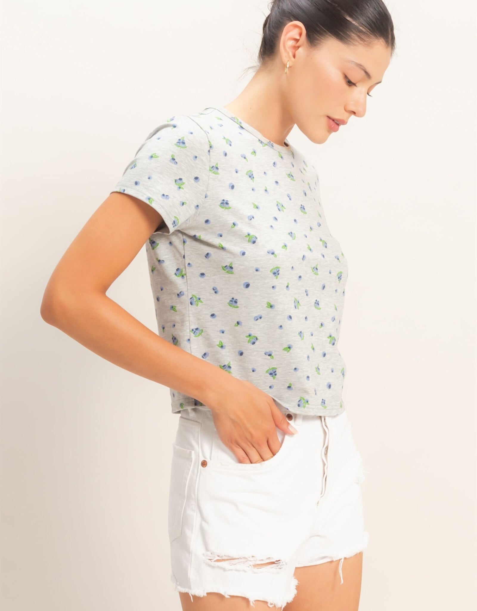 Miss Bliss HYFVE Blueberry Print Crew Neck Tee-Grey