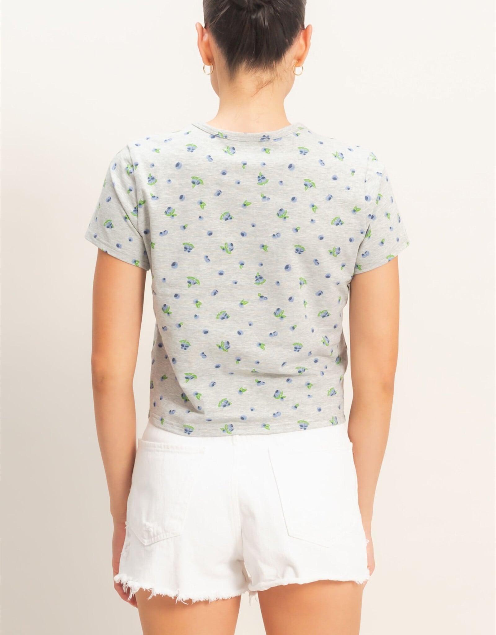 Miss Bliss HYFVE Blueberry Print Crew Neck Tee-Grey