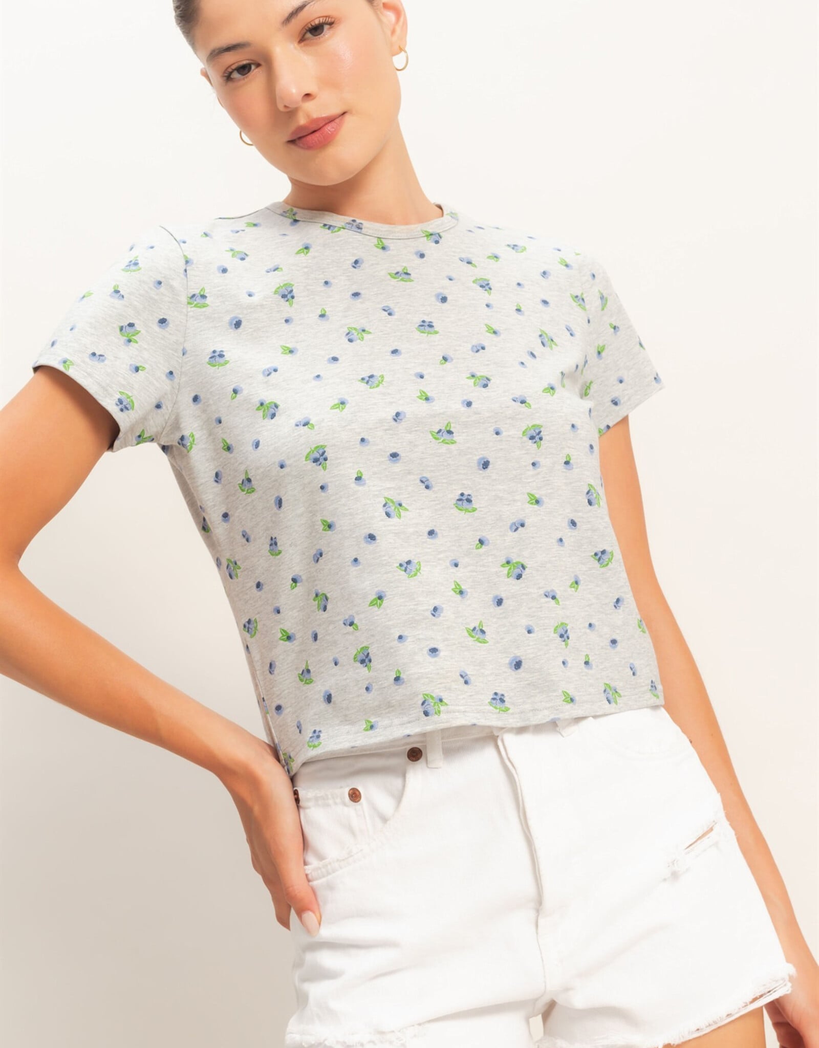 Miss Bliss HYFVE Blueberry Print Crew Neck Tee-Grey