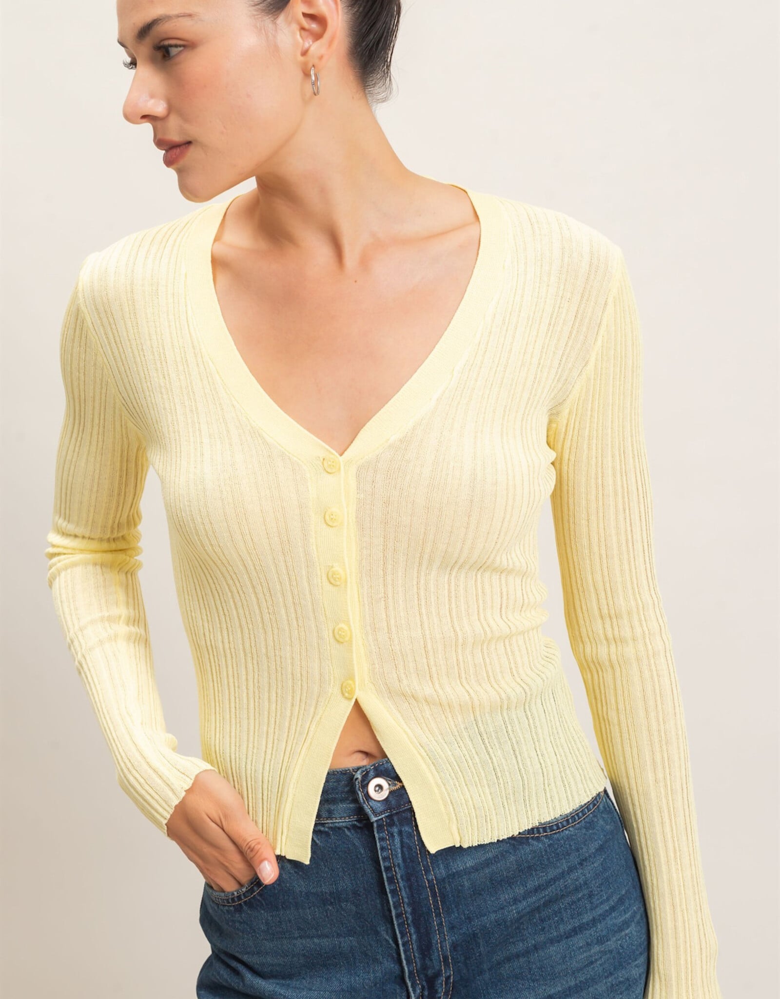 Miss Bliss HYFVE Ribbed V-Neck Cardigan-Pastel Yellow