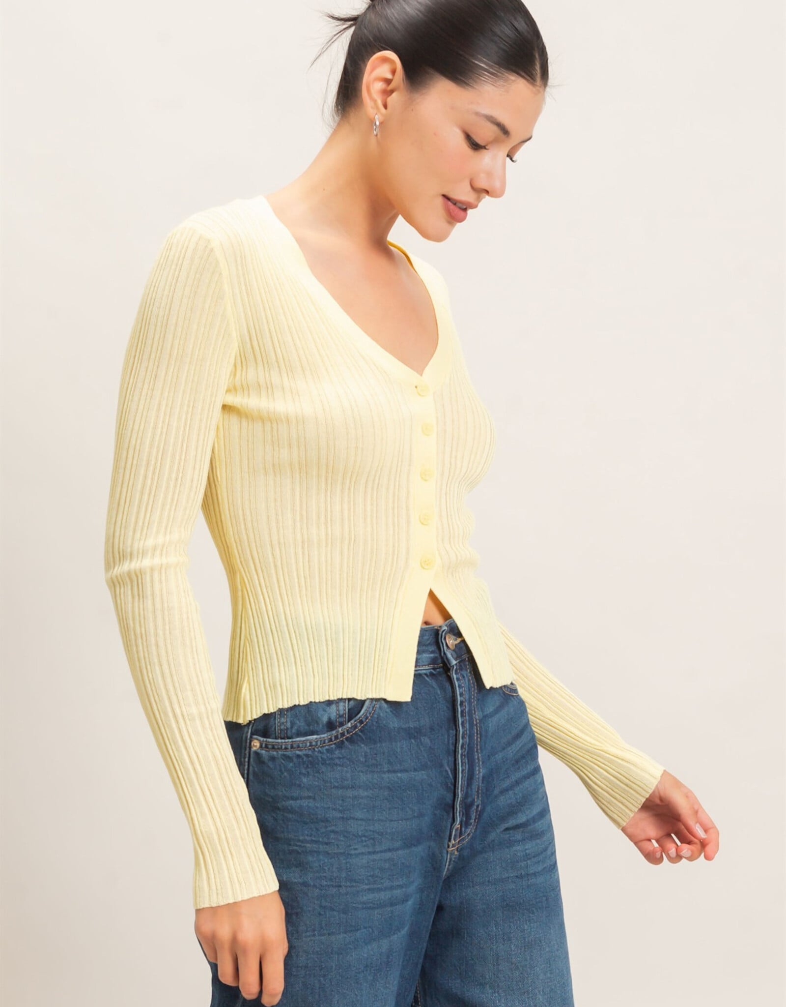 Miss Bliss HYFVE Ribbed V-Neck Cardigan-Pastel Yellow