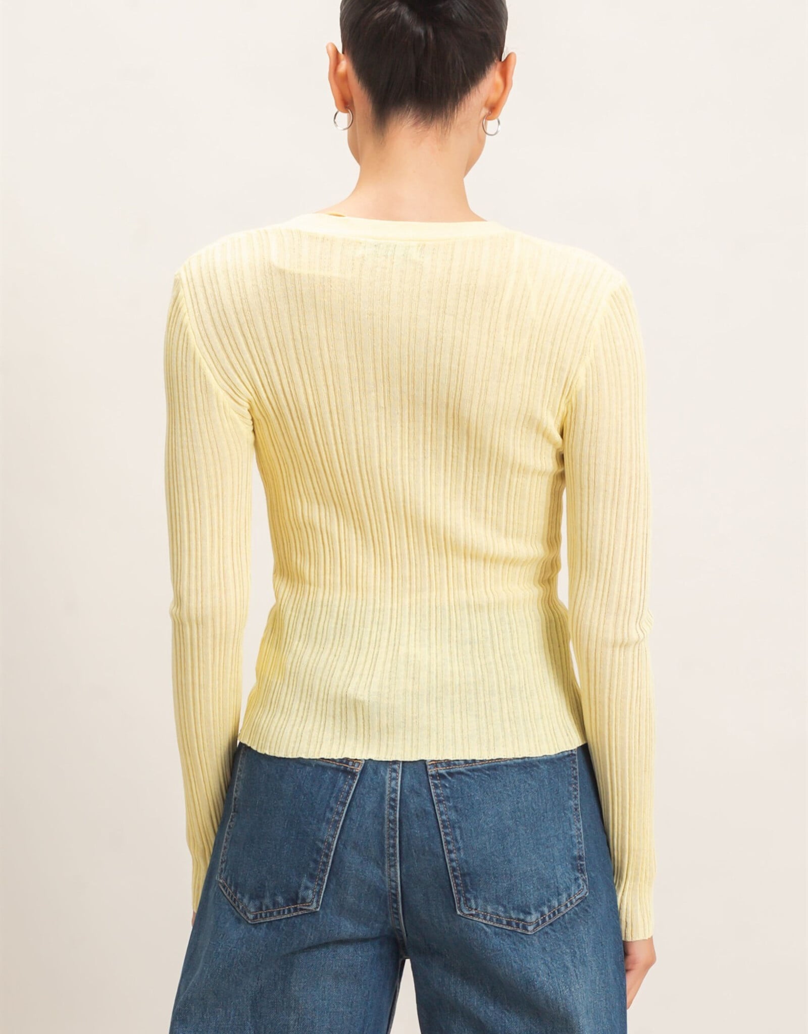 Miss Bliss HYFVE Ribbed V-Neck Cardigan-Pastel Yellow