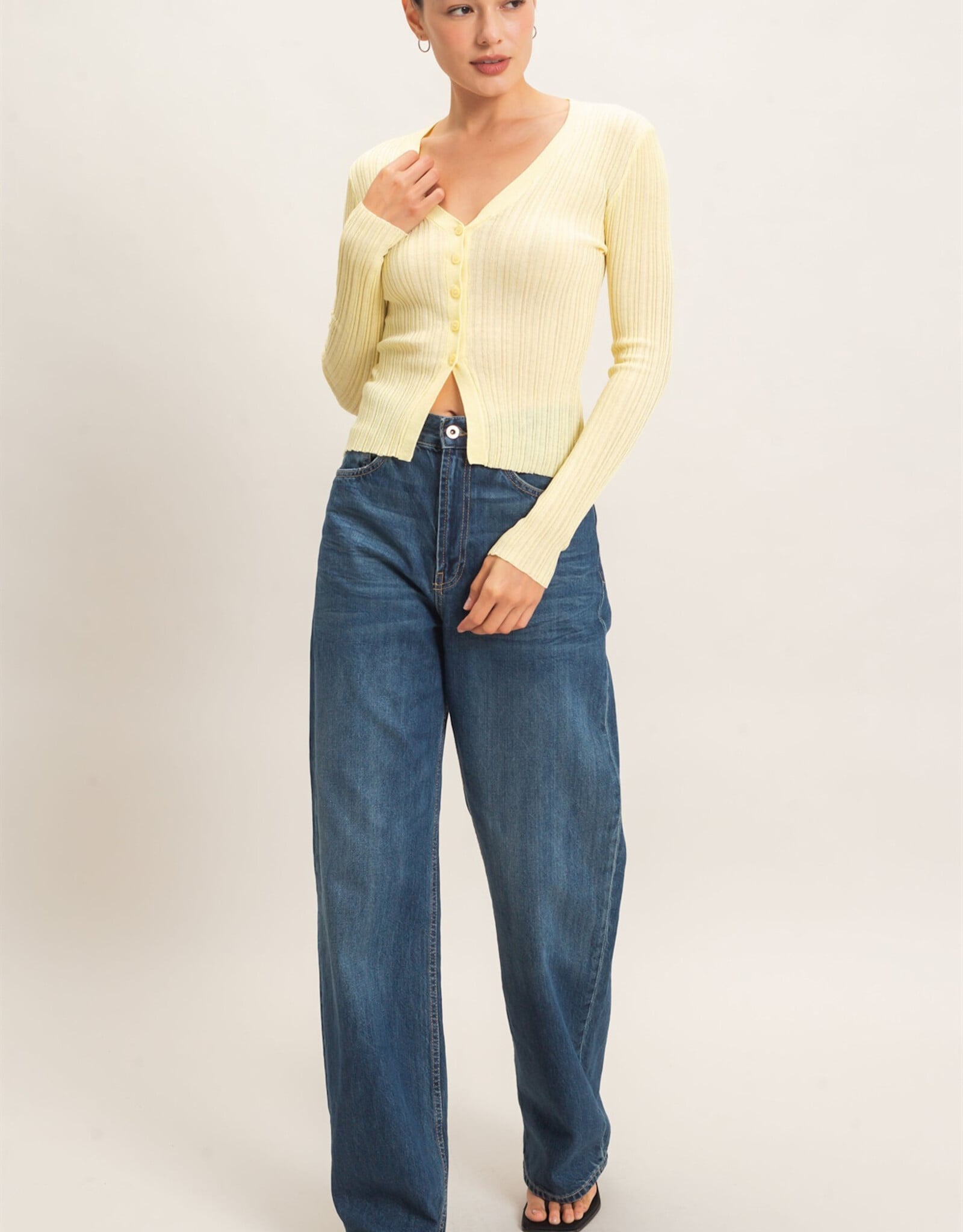 Miss Bliss HYFVE Ribbed V-Neck Cardigan-Pastel Yellow