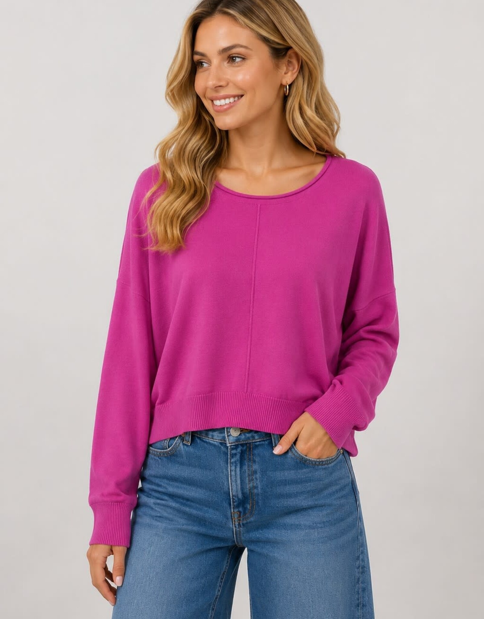 Miss Bliss Dream Front Seam Round Neck Pullover-Hot Pink