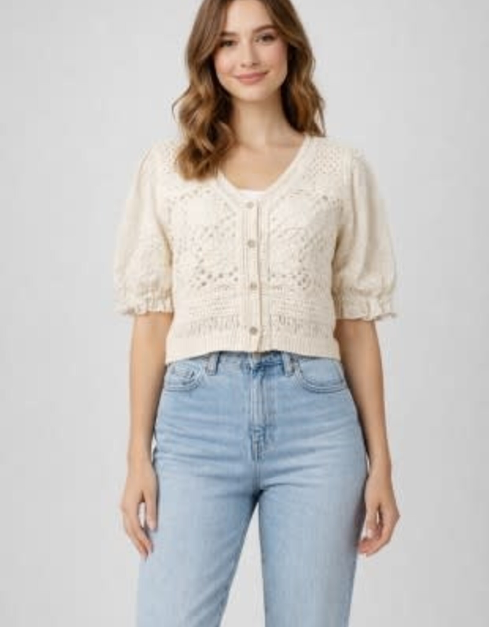 Miss Bliss Dream Cropped Crochet Cardigan- Taupe