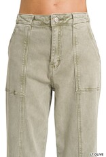 Miss Bliss Zen Straight Leg Utility Pocket Color Denim Pants-Lt. Olive