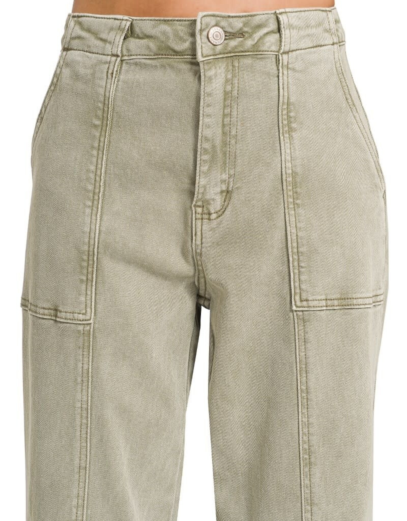 Miss Bliss Zen Straight Leg Utility Pocket Color Denim Pants-Lt. Olive
