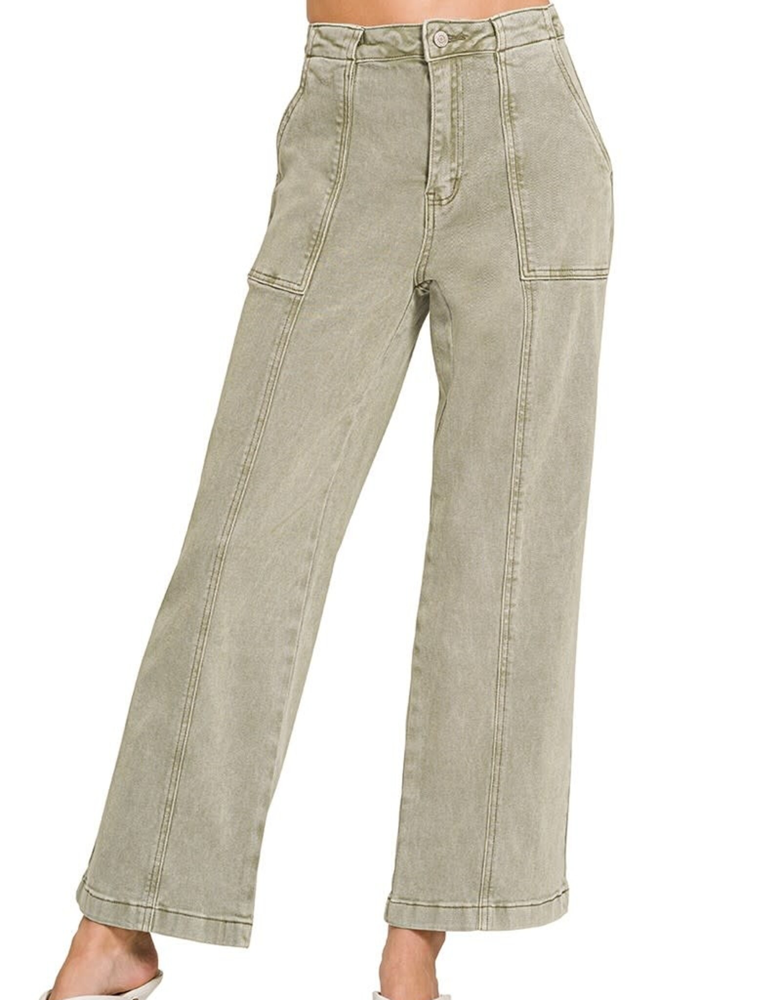Miss Bliss Zen Straight Leg Utility Pocket Color Denim Pants-Lt. Olive