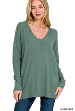 Miss Bliss Zen Relaxed Fit V Neck Front Seam Sweater-Ash Jade
