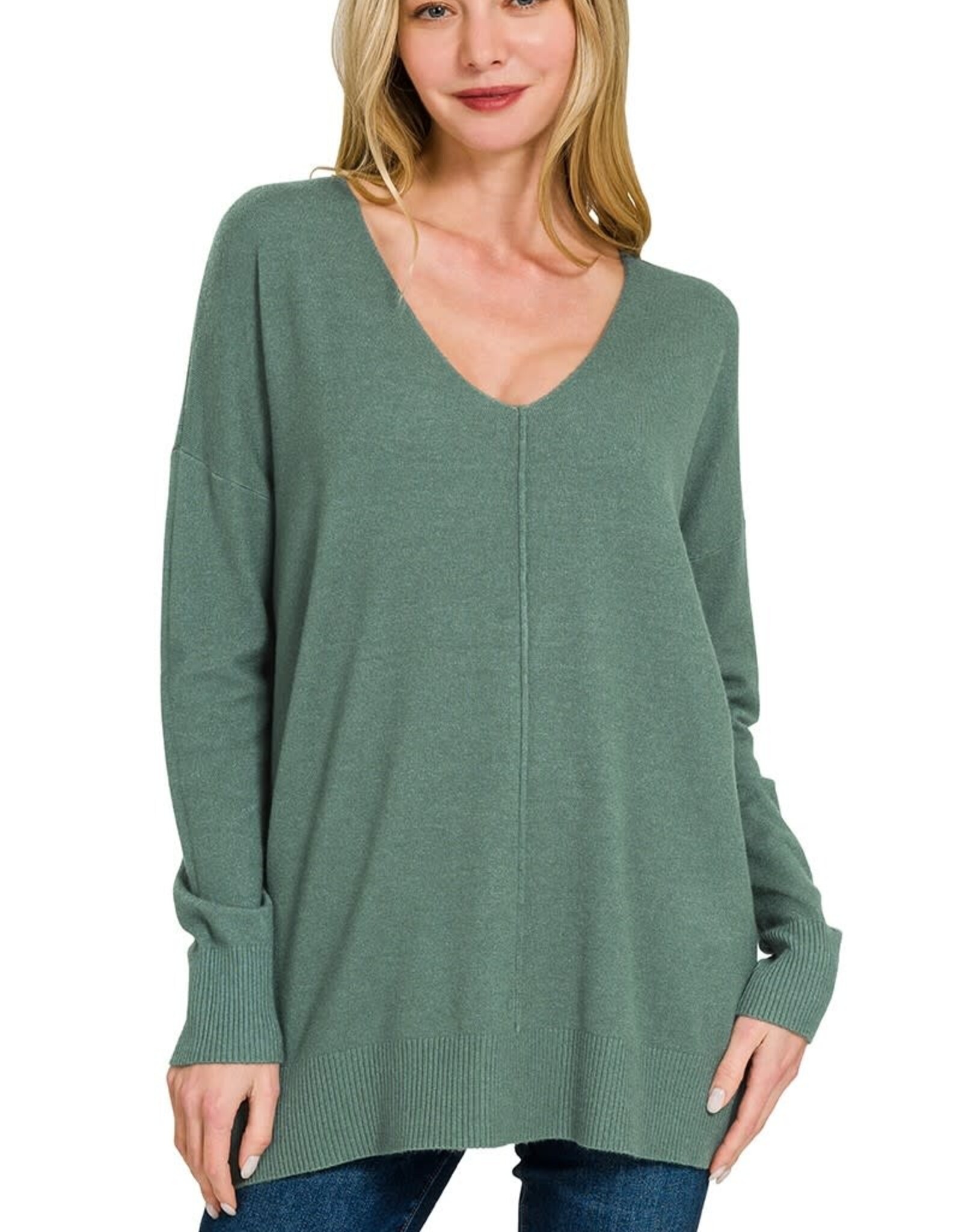 Miss Bliss Zen Relaxed Fit V Neck Front Seam Sweater-Ash Jade