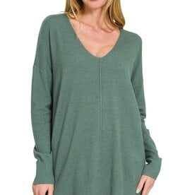 Miss Bliss Zen Relaxed Fit V Neck Front Seam Sweater-Ash Jade