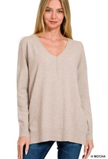 Miss Bliss Zen Relaxed Fit V Neck Front Seam Sweater-H. Mocha
