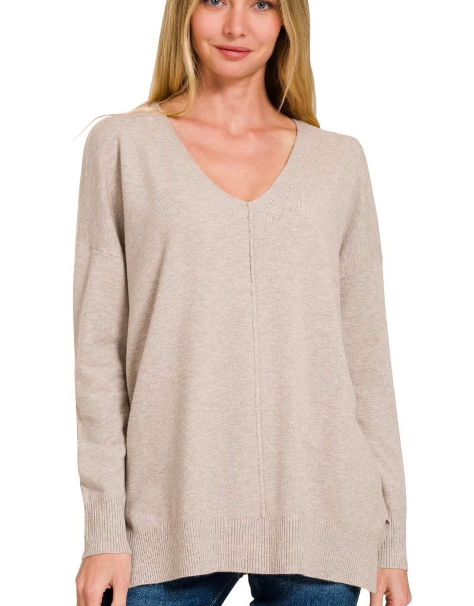 Miss Bliss Zen Relaxed Fit V Neck Front Seam Sweater-H. Mocha