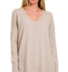 Miss Bliss Zen Relaxed Fit V Neck Front Seam Sweater-H. Mocha